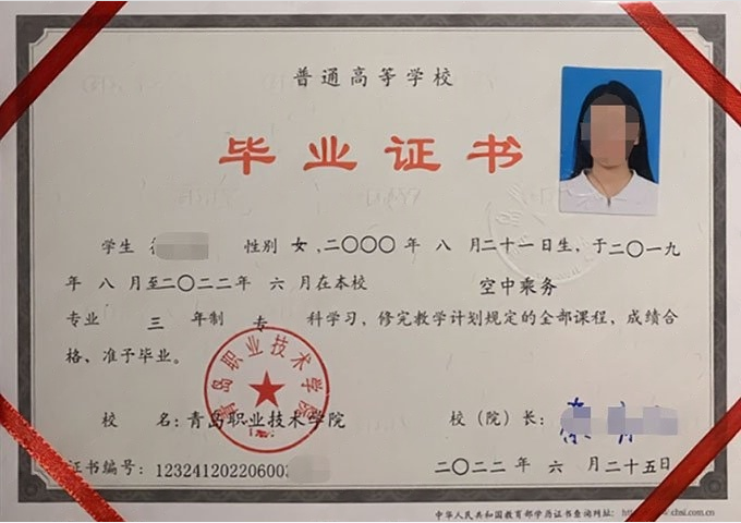 沈阳青岛职业技术学院毕业证样本图片