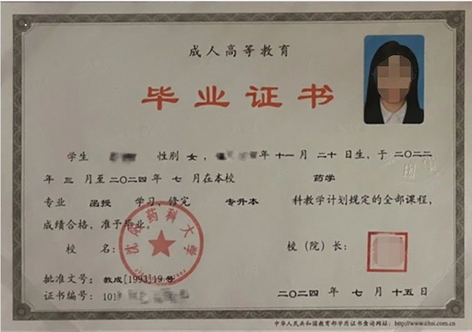 沈阳药科大学2024年函授专升本科毕业证书样本图片（药学）